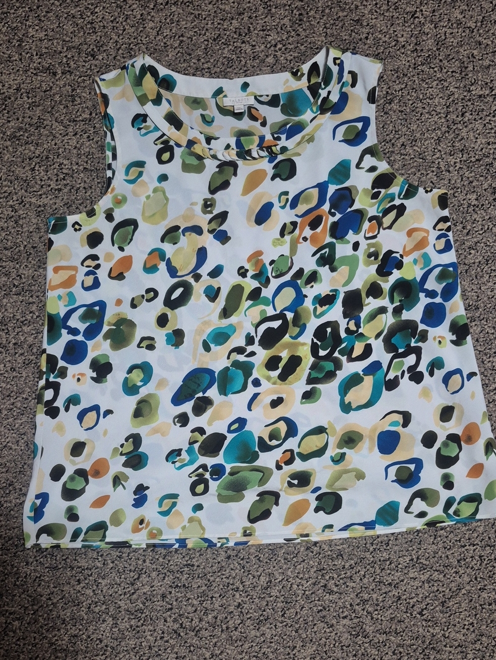 Talbots Sleeveless Blouse in White with Blue, Green, Tan and Black Spots